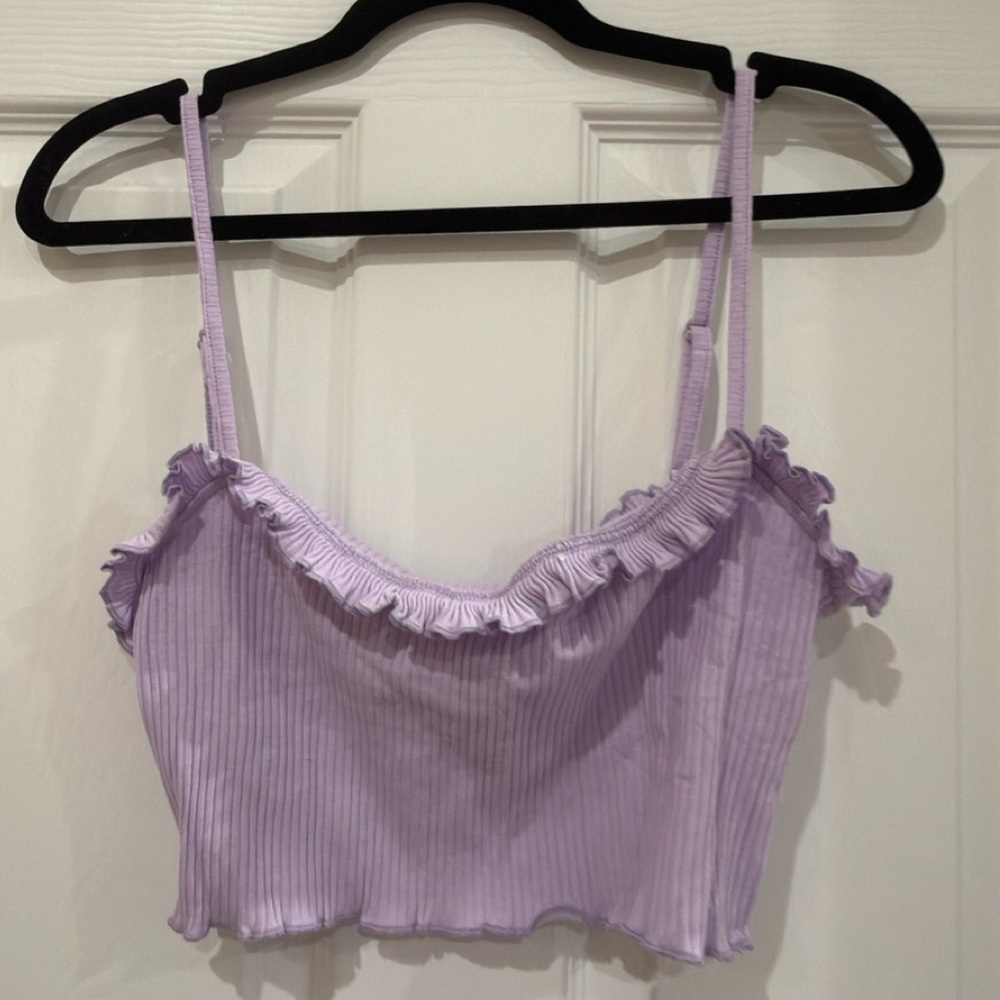 Lavender Ruffle Frill Trim Rib-Knit Cropped Cami Top - Picture 5 of 9
